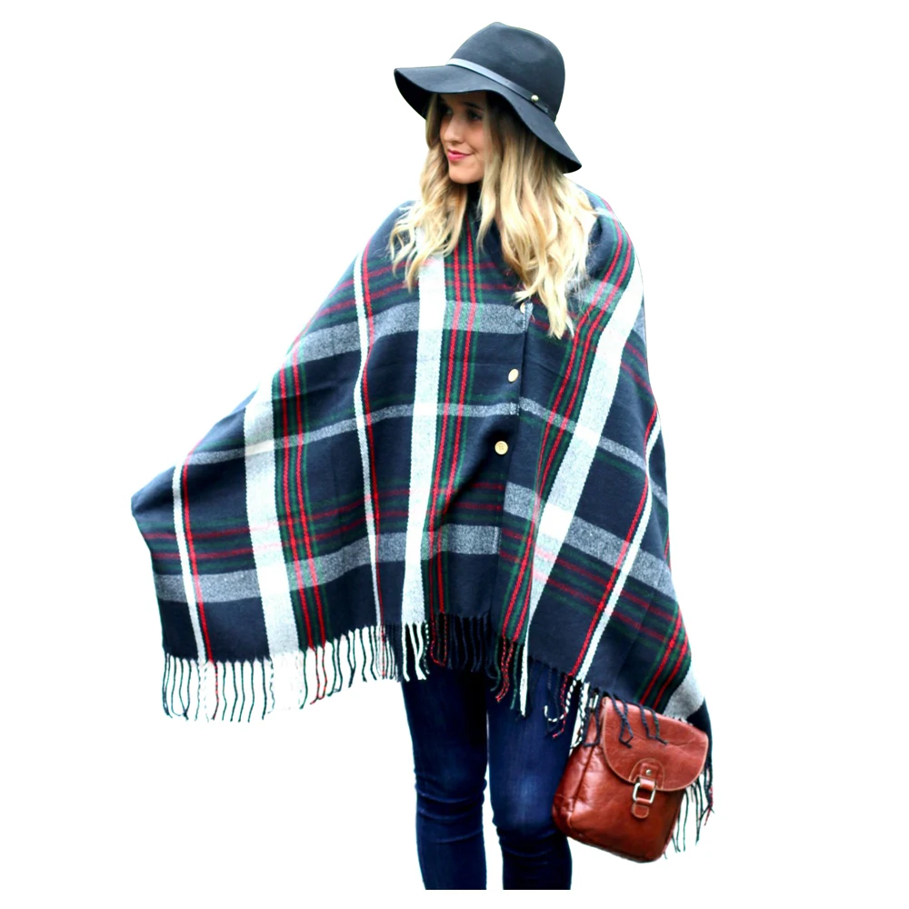
plaid classic fringe button hot selling ladies cape poncho 