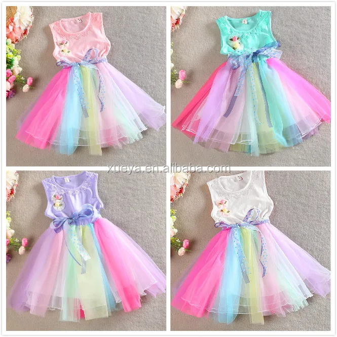 
Rainbow colorful long dress baby teen girl dress 