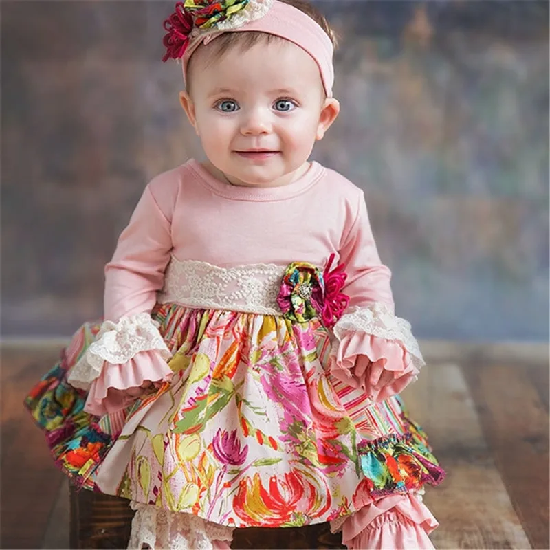 
High quality full kids clothes pink floral ruffle sets boutique girls outfit 