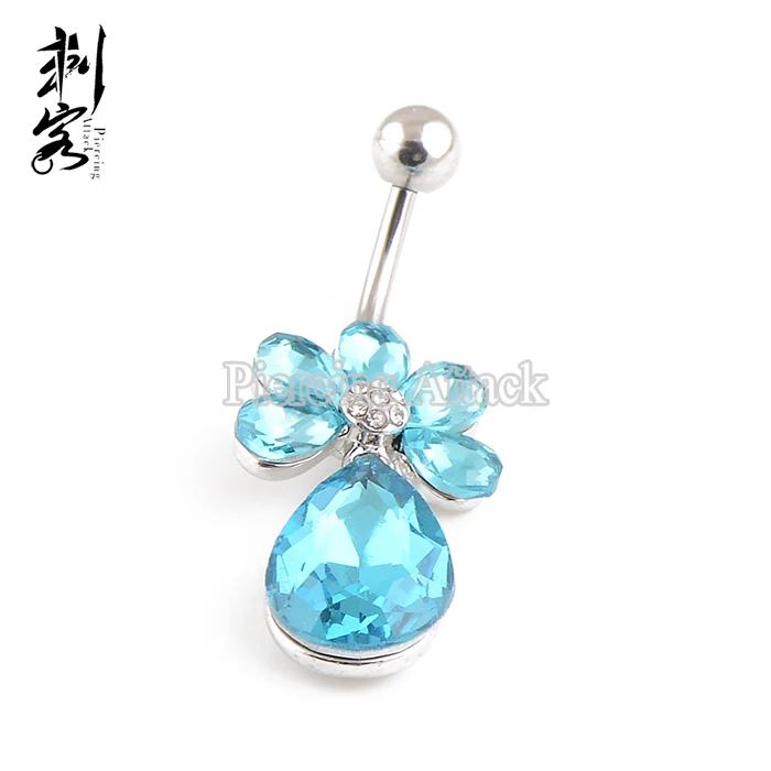 Stainless Steel Aqua Crystal Teardrop Navel Belly Ring Fake Navel Piercing