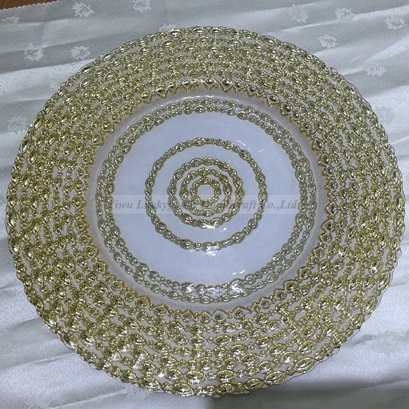 hotel Wholesale Wedding Gold Silver clear steak Glass Charger Plate wedding colored beaded glass charger glass plates