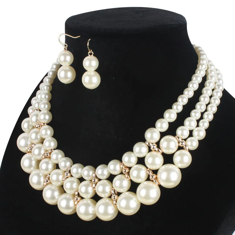 Fashion retro multi-layer pearl necklace earrings set African women exaggerated sweater chain