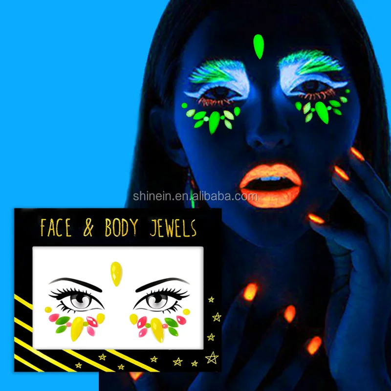 New Fluorescent Glow In Dark Body Jewel Sticker Rhinestone Face Gem Stickers for Party Decoration