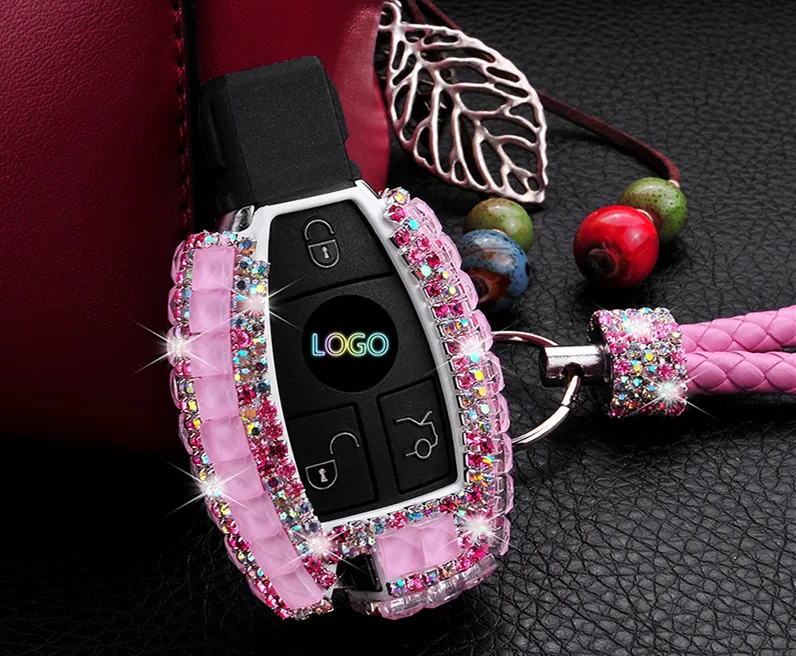 Crystal Rhinestones PC Smart Key Fob Case Holder Cover For C E S CLA CLS ML with strap
