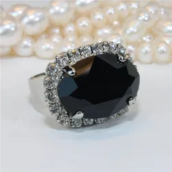 Luxury Male Female Big Oval Engagement Ring Cute 925 Silver Crystal Black Zircon Stone Ring Vintage Wedding Rings For Women