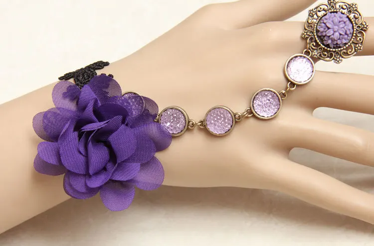 Black floral lace bracelet - purple crystal and flower pendant charm bracelet with ring chain