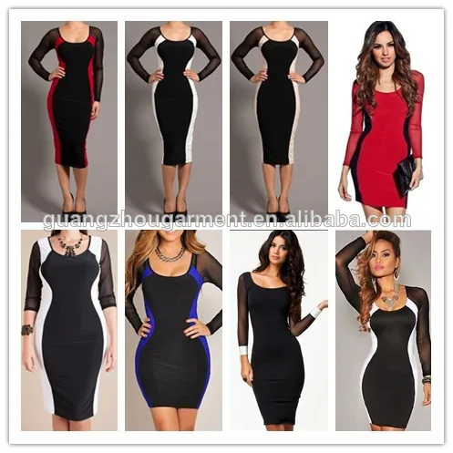 прибытие sexy двух- тон песочные часы иллюзия сетки с длинным рукавом bodycon карандаш midi-платье сделано в китае дешевые
