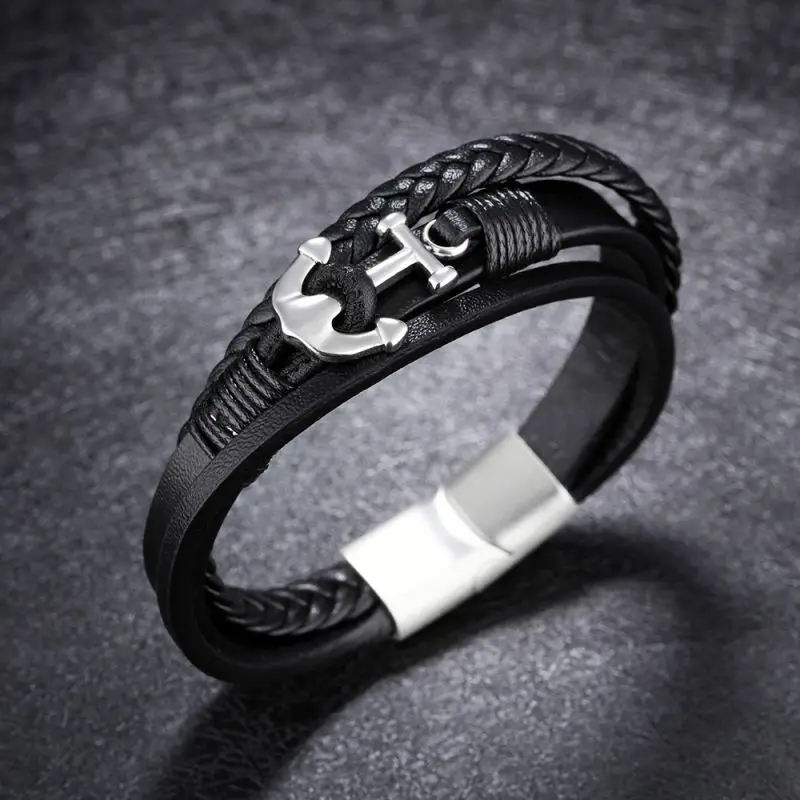 China Wholesale Braided Wrap Leather Mens Black Anchor Bracelet