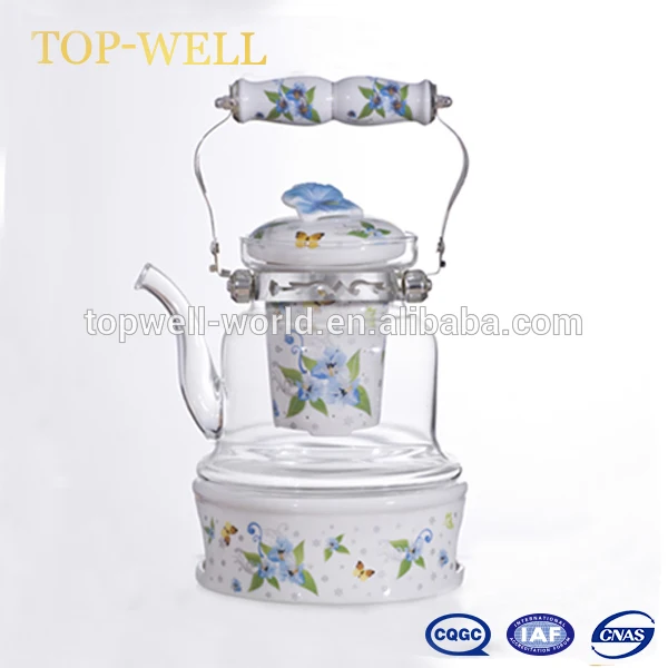 High quality heat resistant glass teapot set with candle warmer
