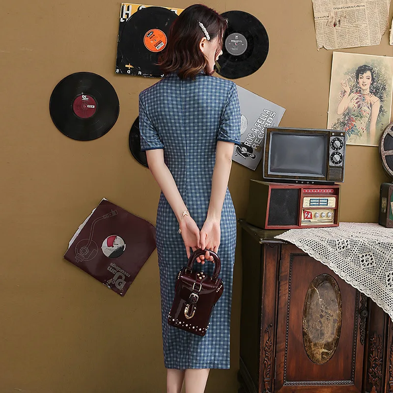 
hot sale wholesale female improved plaid cheongsam simple elegant short sleeve design casual dress 