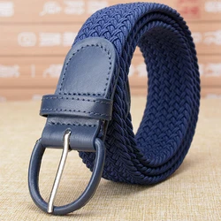 Braided Woven Elastic Stretch Belt With Matching Leather Covered Buckle