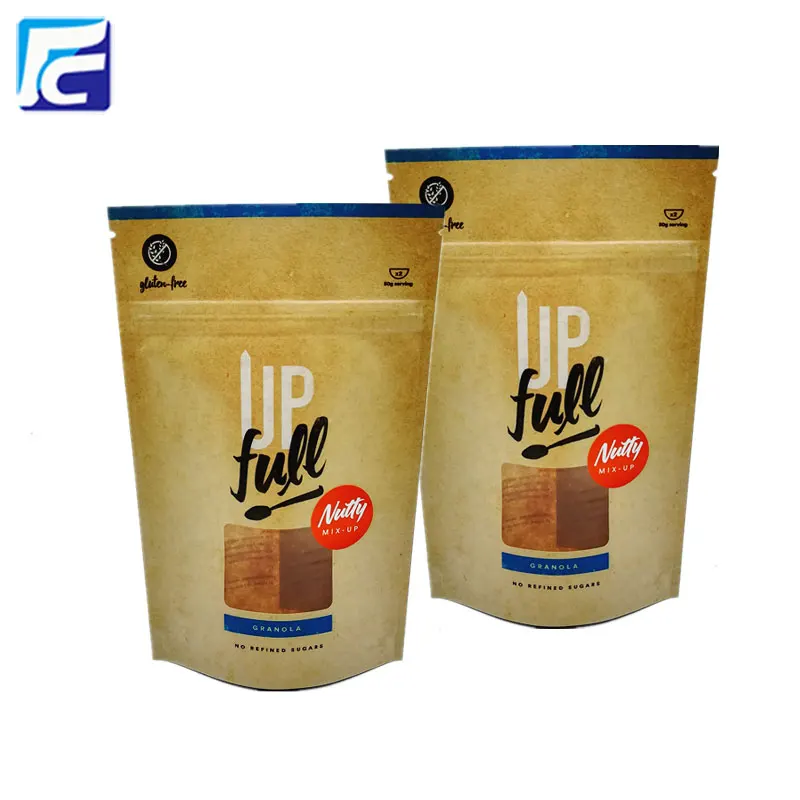 Brown and White Kraft Paper Standing Up Zipper Doypack Pouches Food Packaging Ziplock Bag Window