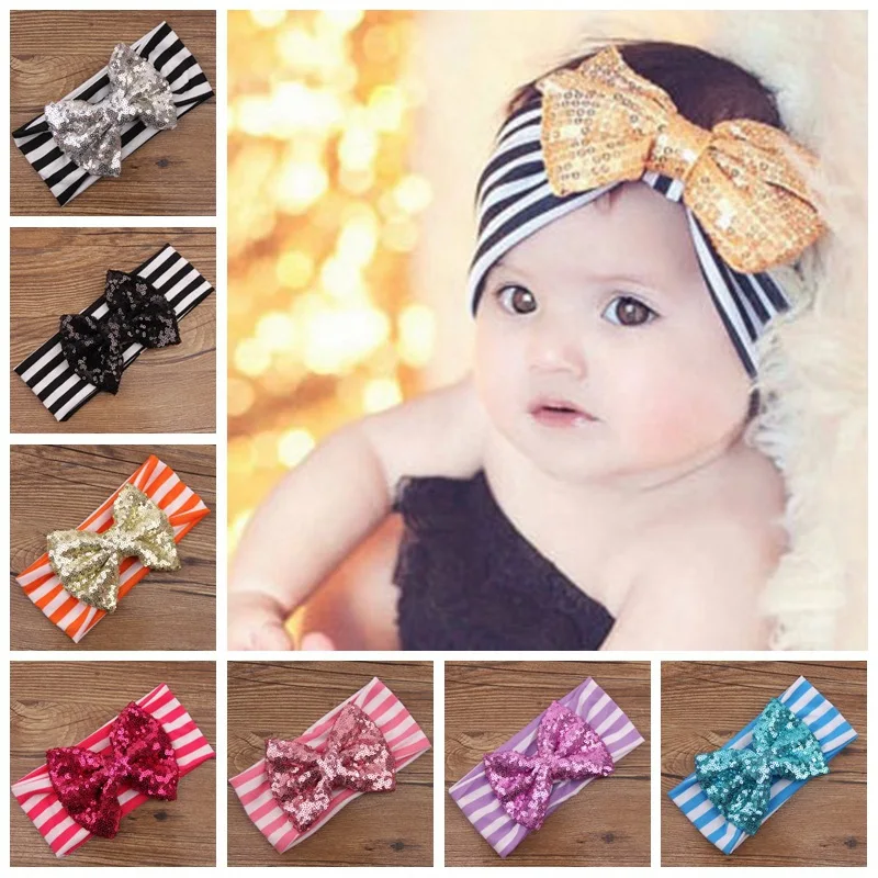 Baby Sequin Bowknot Striped Headbands Kids Turban Headwrap Girl Big Bow Top Knot Fashion Elastic Hair