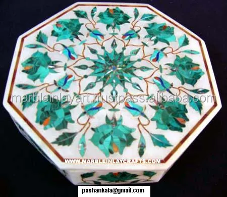 Octagonal White Marble Malachite Stone Inlay Box