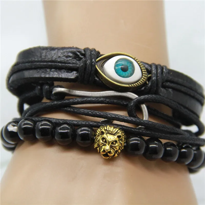 DIY Knit Suit Leather Bracelet Braided Knot Combination, Ceramic Bead Lion GOLD  Eye Hook