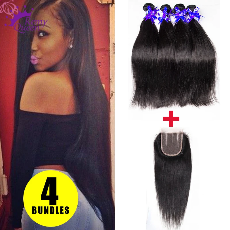Straight Indian Virgin Hair With Closure 4 Bundles Indian Hair Weave With Lace Closure 7A Grade
