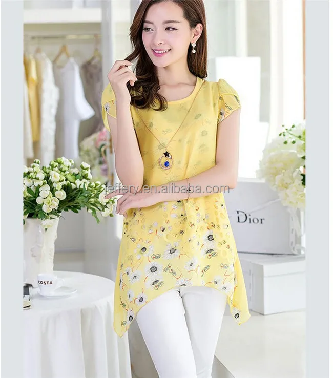 Latest short sleeve shirt floral printed chiffon long shirts blouse designs loose tops A778