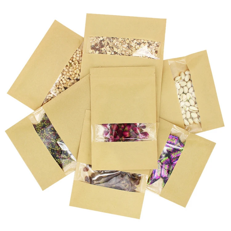 Eco-Friendly Recycled Waterproof Washable Stand up Kraft Paper Bag Zipper With Clear Window