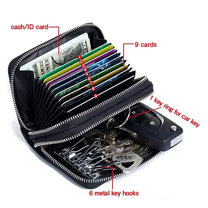 RFID Blocking Travel Passport Wallet Genuine Leather Credit Card Key Wallet Car Holder Case Secure 9 Slots,6 Key Hooks