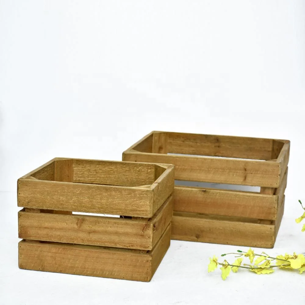 Set of 2 Country Rustic Light Torched Wood Nesting Storage Crates Holzkiste Decorative Display Boxes