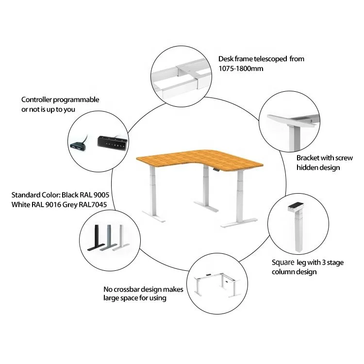 Chinese office furniture factory manufacture L shape adjustable height desk hardware