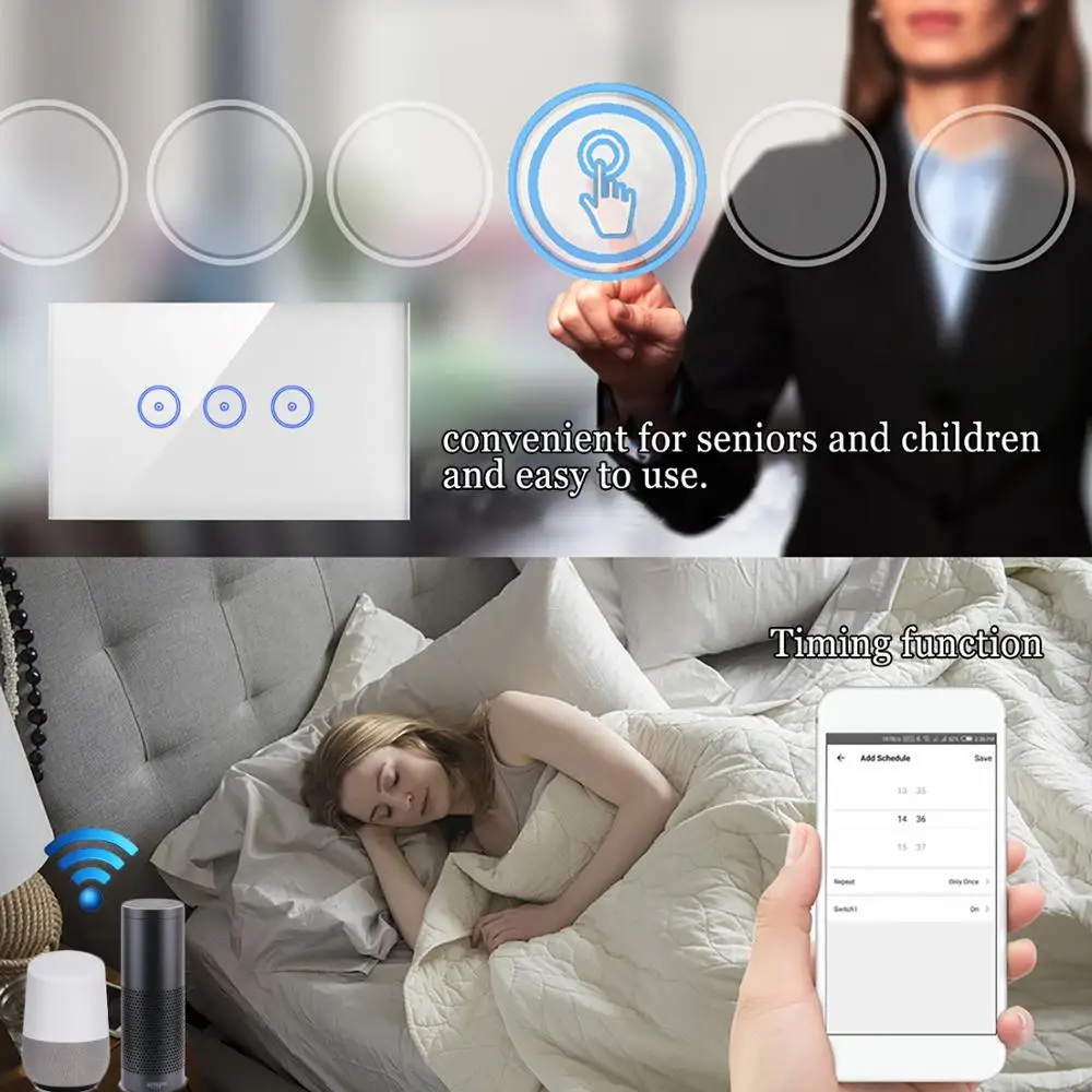 
Xenon OEM Smart Home 3Gang US Wall Switch Works with Amazon Alexa Acho Remote By smartphone IOS&Adroid App Touch Switch 