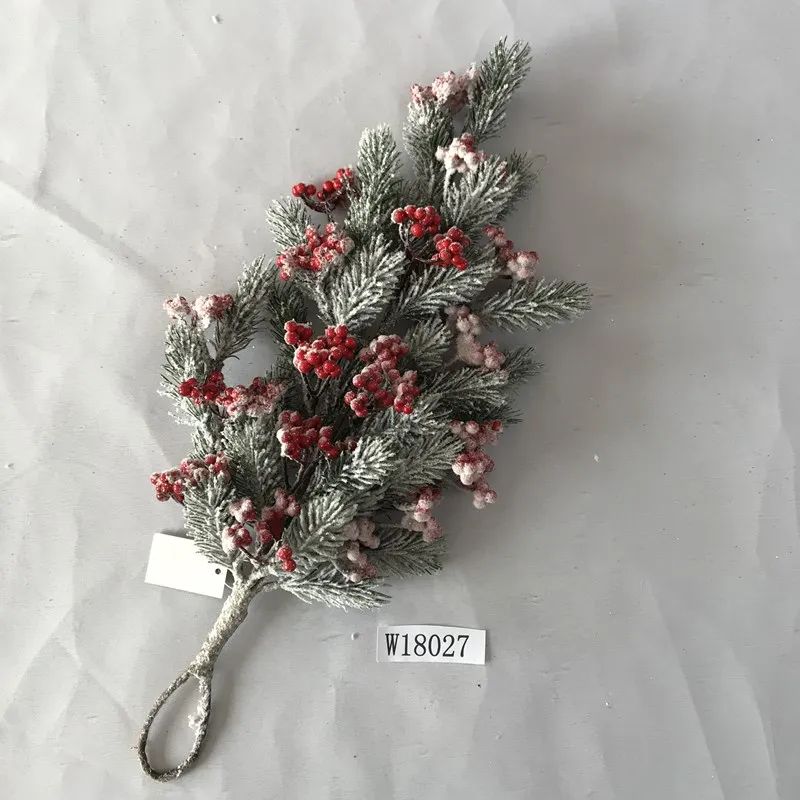 plastic Christmas decorative artificial red berry pine cone with frosted snow
