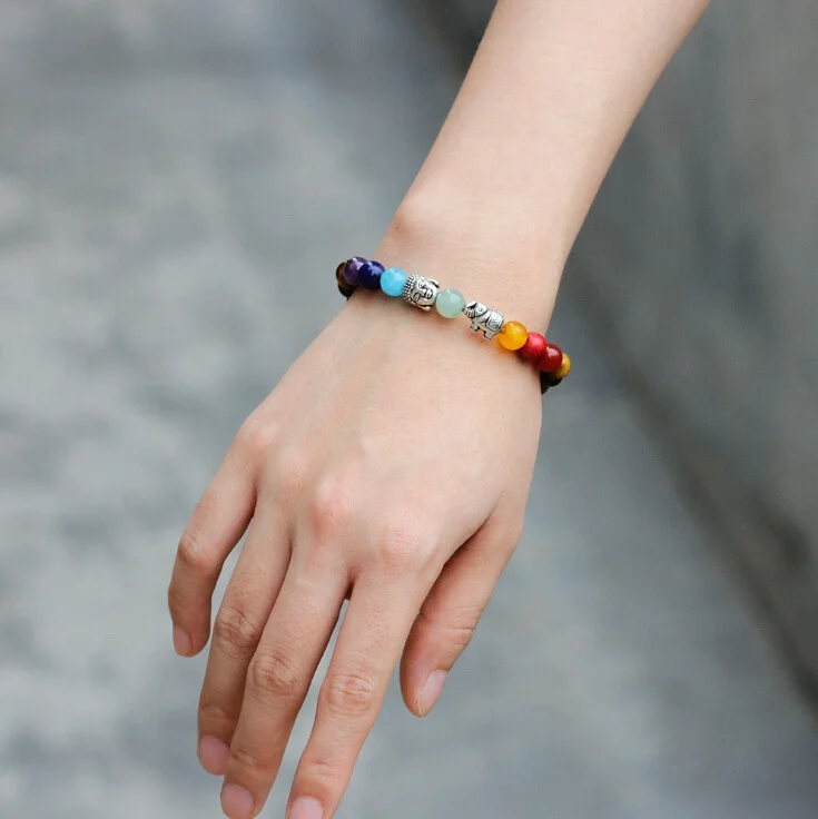 Ladies Fashion Alloy Buddha Elephant Charms Tiger Eye Beads 7 Colors Onyx Lucky Beads Chakra Bracelet