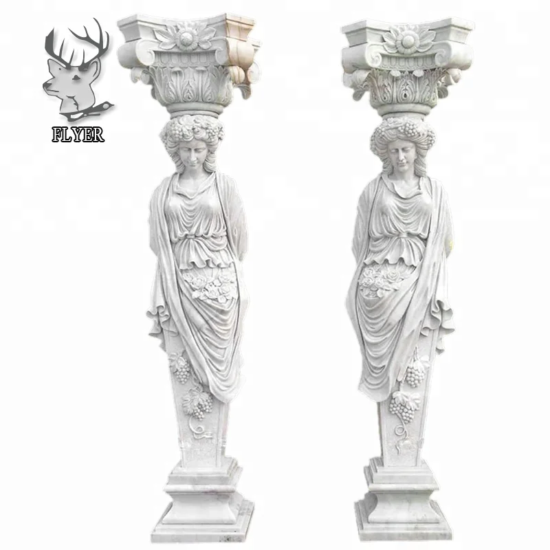 Indoor and Outdoor Decoration Marble Maiden Sculpture Pillar Greek Lady Carved Sculpture Marble Roman Column
