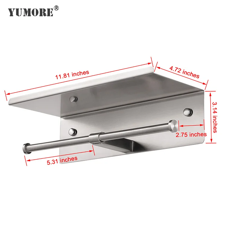 Factory price 304 stainless steel wall mounted free standing roll tissue mobile phone storage shelf double toilet paper holder