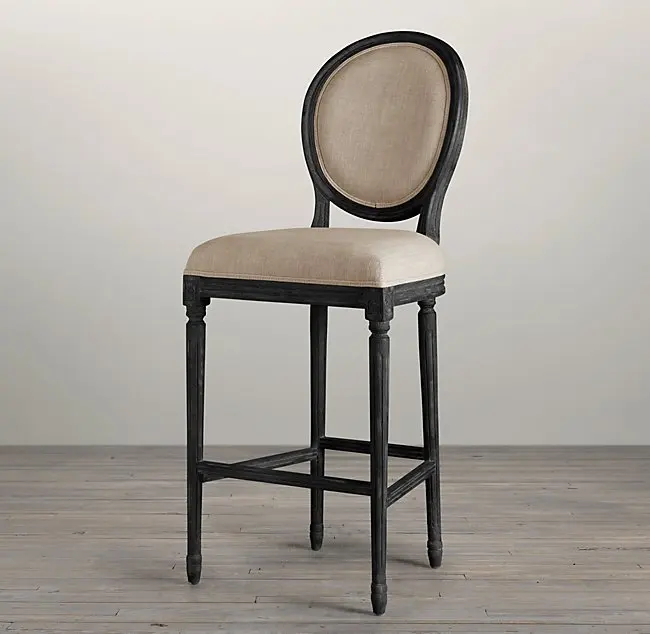 
2020 Hot sell long legged upholstered soft backrest round back antique velvet bar stool restaurant wooden dining chair 
