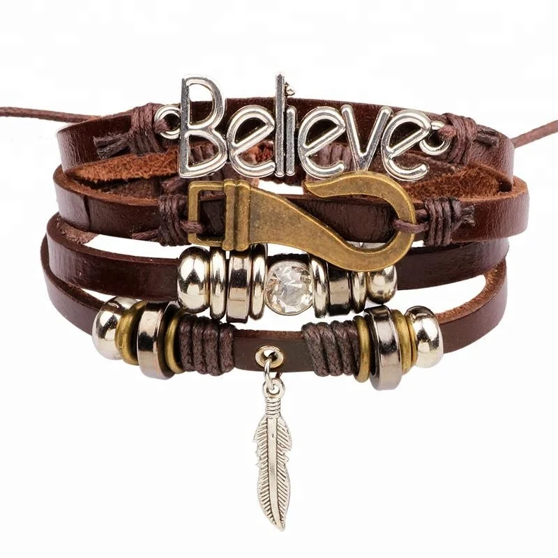 LIKA  Women Men Adjustable Alloy Feather Believe Letter Hook Multilayer Leather Bracelet