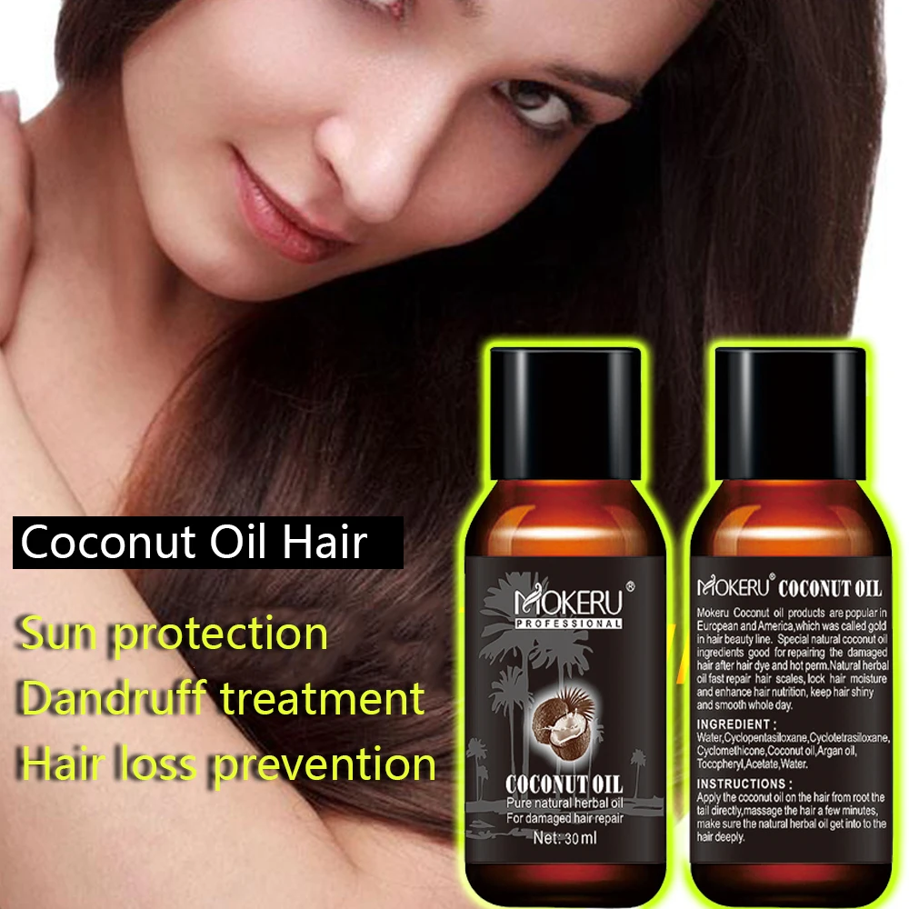 Mokeru 30ml Natural Organic Coconut Hair Oil Repair Smooth Damaged Hair Growth Oil Leave in Conditioner for Hair Care Treatment