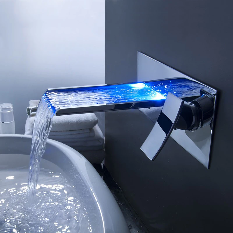 
Wall Mounted Dual Handle Glass Waterfall LED Basin Faucet Mixer Chrome 
