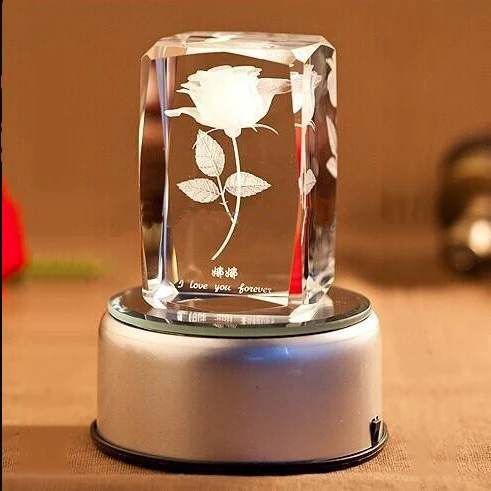 3d blank laser inside engraving crystal cube with round Rotate led base for wedding return birthday gift ornament sale