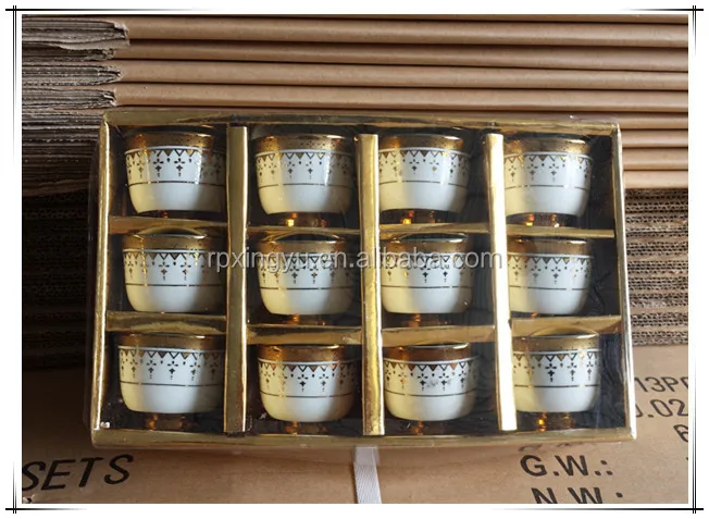 cheap price porcelain 12pcs golden cawa cup, ceramic arabic kawa cup set