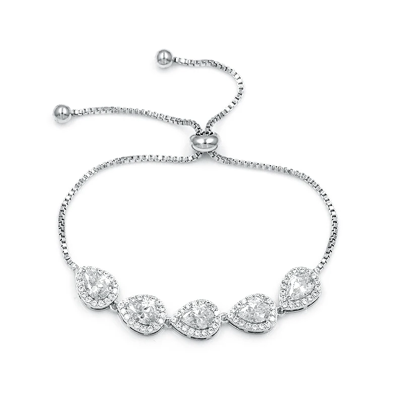 Halo Pear Cut Cubic Zirconia CZ Crystal Slide Adjustable Wedding Bracelets Jewelry Gifts for Women Bride Bridesmaid or Mom