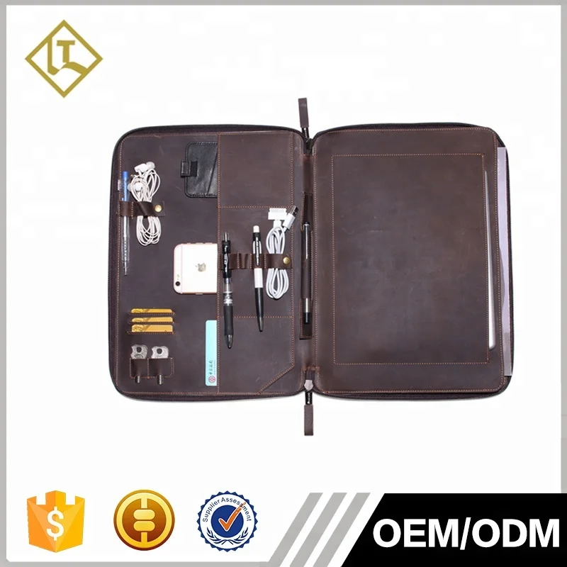 
Fits A4 file documents travel vintage leather briefcase business men zipper organizer leather portfolio file folder 