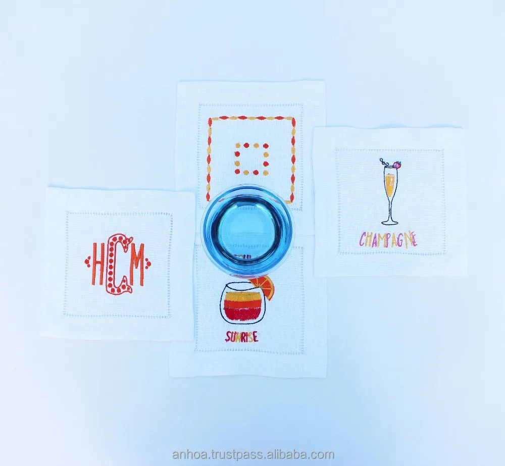 Monogrammed cocktail napkin, lastest design embroidered linen cocktail napkin
