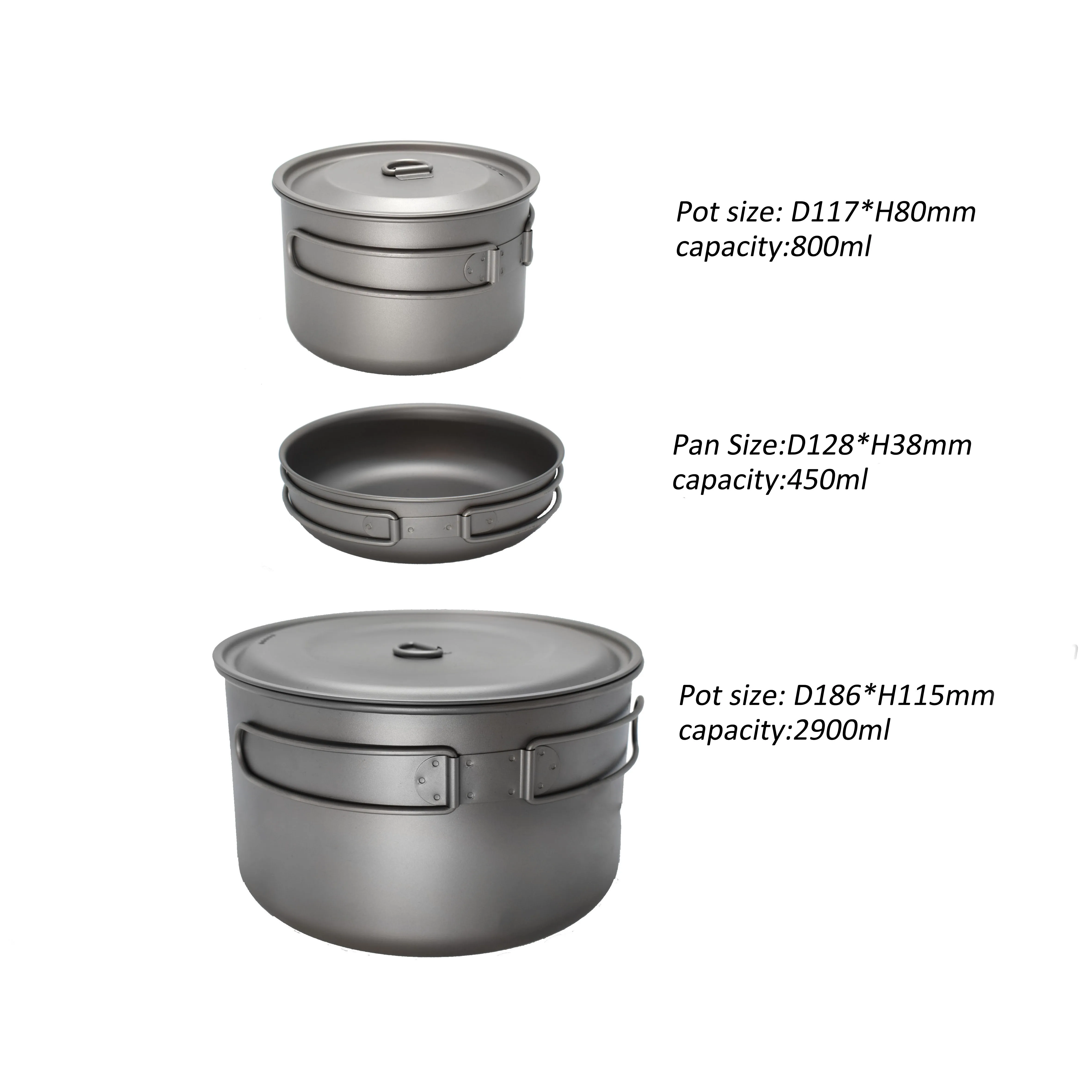 
Titanium camping cookset: 2 pots&1 pan 0.4mm/0.5mm thickncess; 