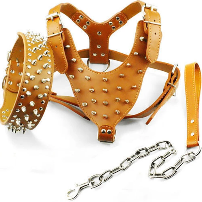 Wholesale OEM Manufacture PU Leather Dog Collar & Harness Leash Set Spiked Studded Pet Vest Accessories