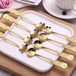 Long Handle Flowers Shaped Stirring Spoon Stainless Steel Gold Plated Coffee Spoon with Flower Shape