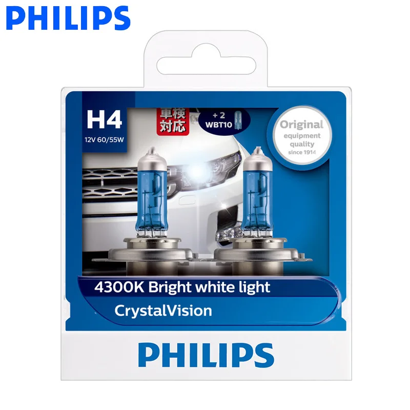 Philips H4 9003 12V 60/55W P43t Crystal Vision 4300K bright White Light Halogen Hi/lo Beam Car Headlight 12342CVSM, Pair