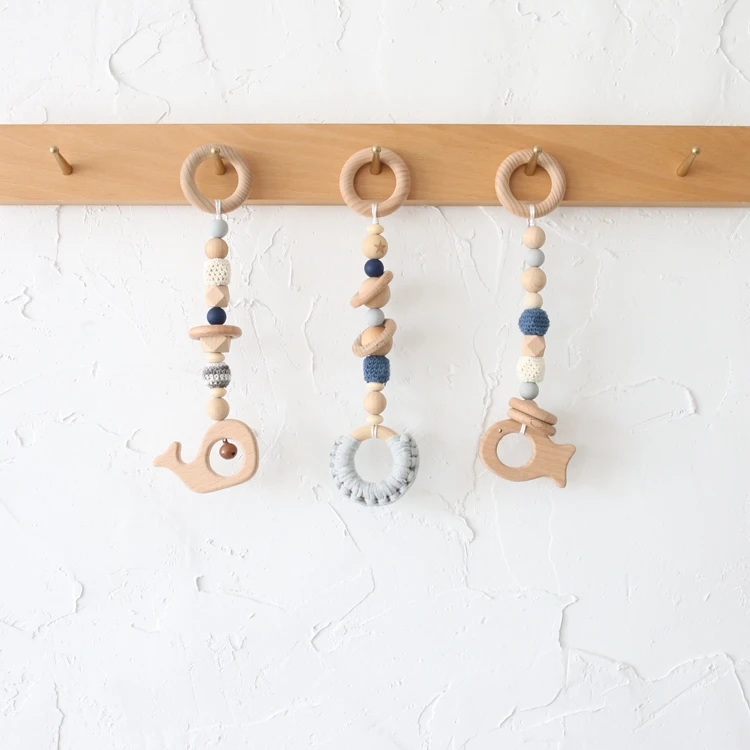 Organic Wooden Whale Fish Ring Silicone Crochet Beads Play Gym Hanging Toys Baby Teether