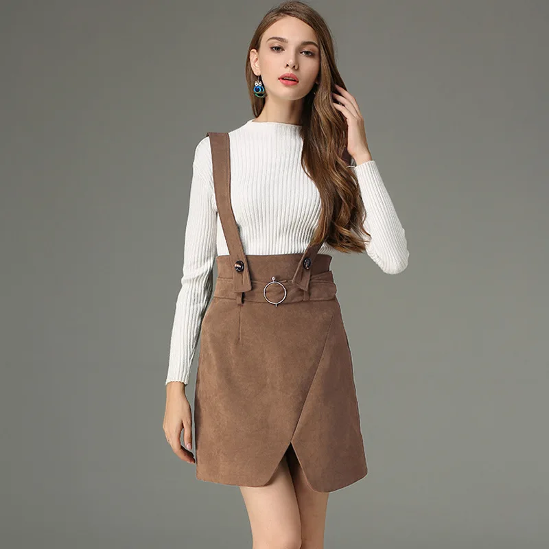 Winter Fashion Korean Street Style Plain Suede Split Mini Suspender Skirt