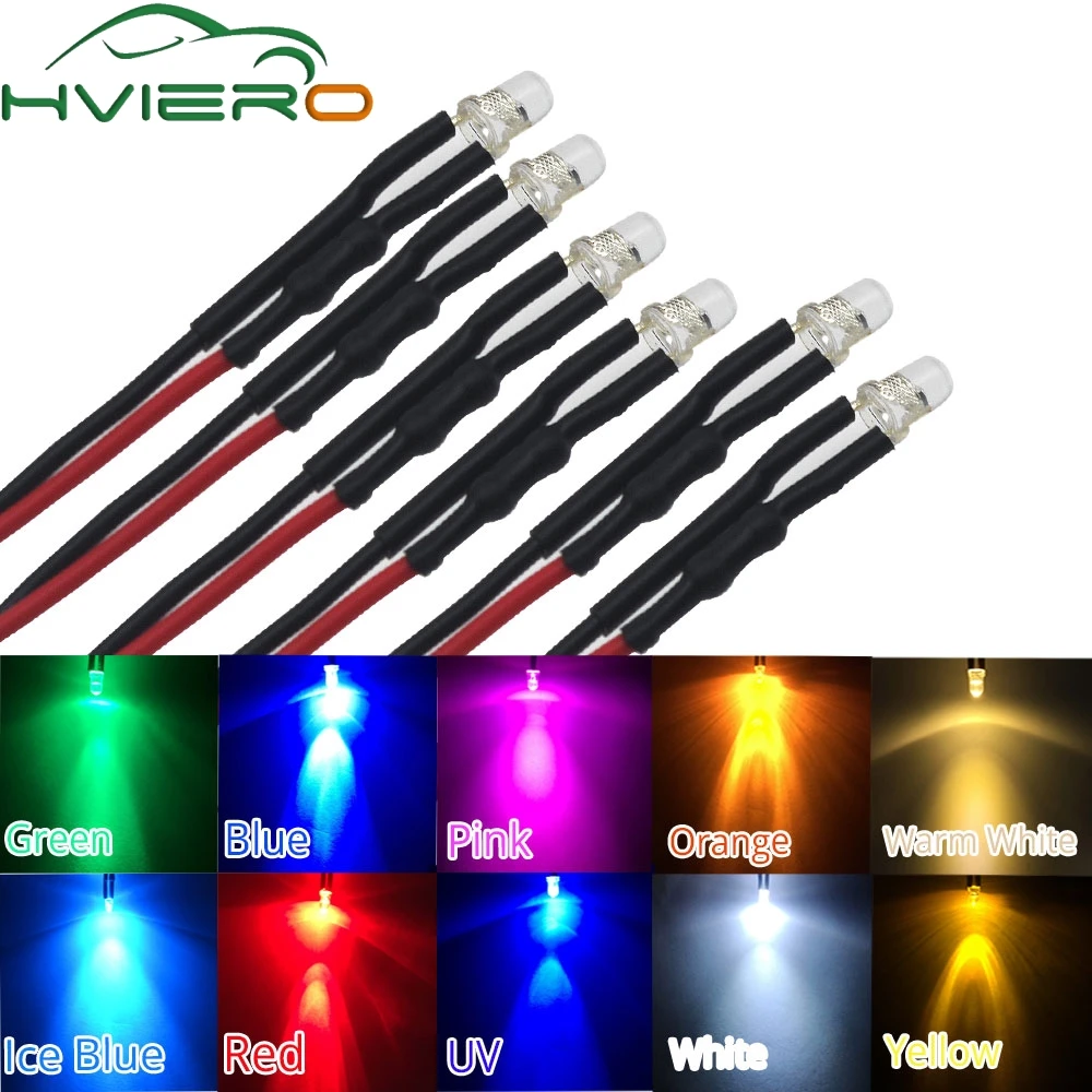 F3 3mm 20cm Pre wired LED Round light lamp bulb chip beads cable DC 12V Red  Emitting Diodes