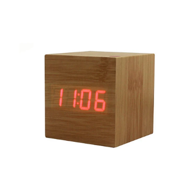 Desktop Different Colored Fonts Digital Thermometer Temperature Time and Date Roller Play Wooden Alarm Clock