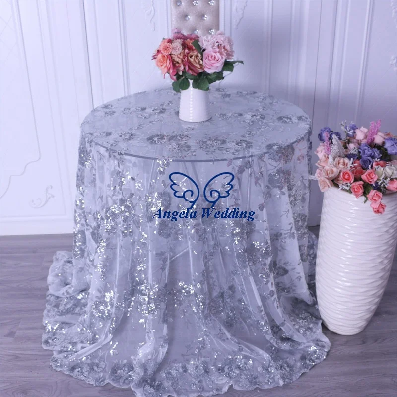 CL090C New design  beautiful 2019 gliter embroidery pattern floral sequin lace silver round or rectangle table cloth