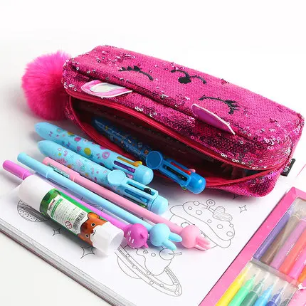 Custom cute school glitter sequin round pencil case with zipper