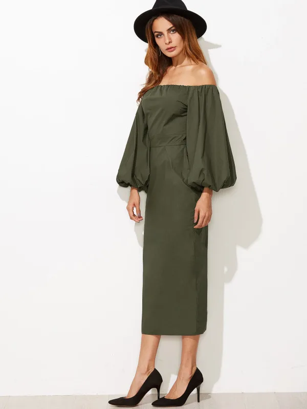 2021 hot sale Olive Green Off The Shoulder Seersucker Sleeve Slit Back Pencil Dress